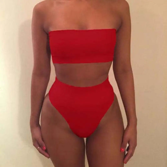 IMIEMIE 2 Pcs/Set Women Bikini Set Solid Color Elastic High Waist Strapless Lady Swimsuit Summer Sleeveelss Bathing Suit for Swimming