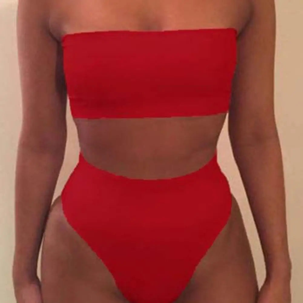 IMIEMIE 2 Pcs/Set Women Bikini Set Solid Color Elastic High Waist Strapless Lady Swimsuit Summer Sleeveelss Bathing Suit for Swimming