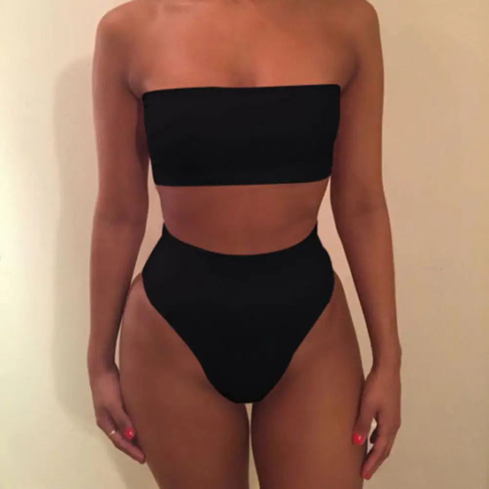 IMIEMIE 2 Pcs/Set Women Bikini Set Solid Color Elastic High Waist Strapless Lady Swimsuit Summer Sleeveelss Bathing Suit for Swimming