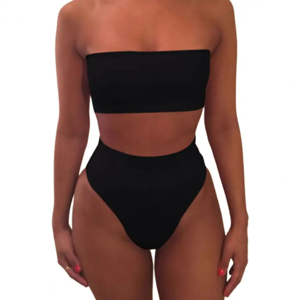 IMIEMIE 2 Pcs/Set Women Bikini Set Solid Color Elastic High Waist Strapless Lady Swimsuit Summer Sleeveelss Bathing Suit for Swimming