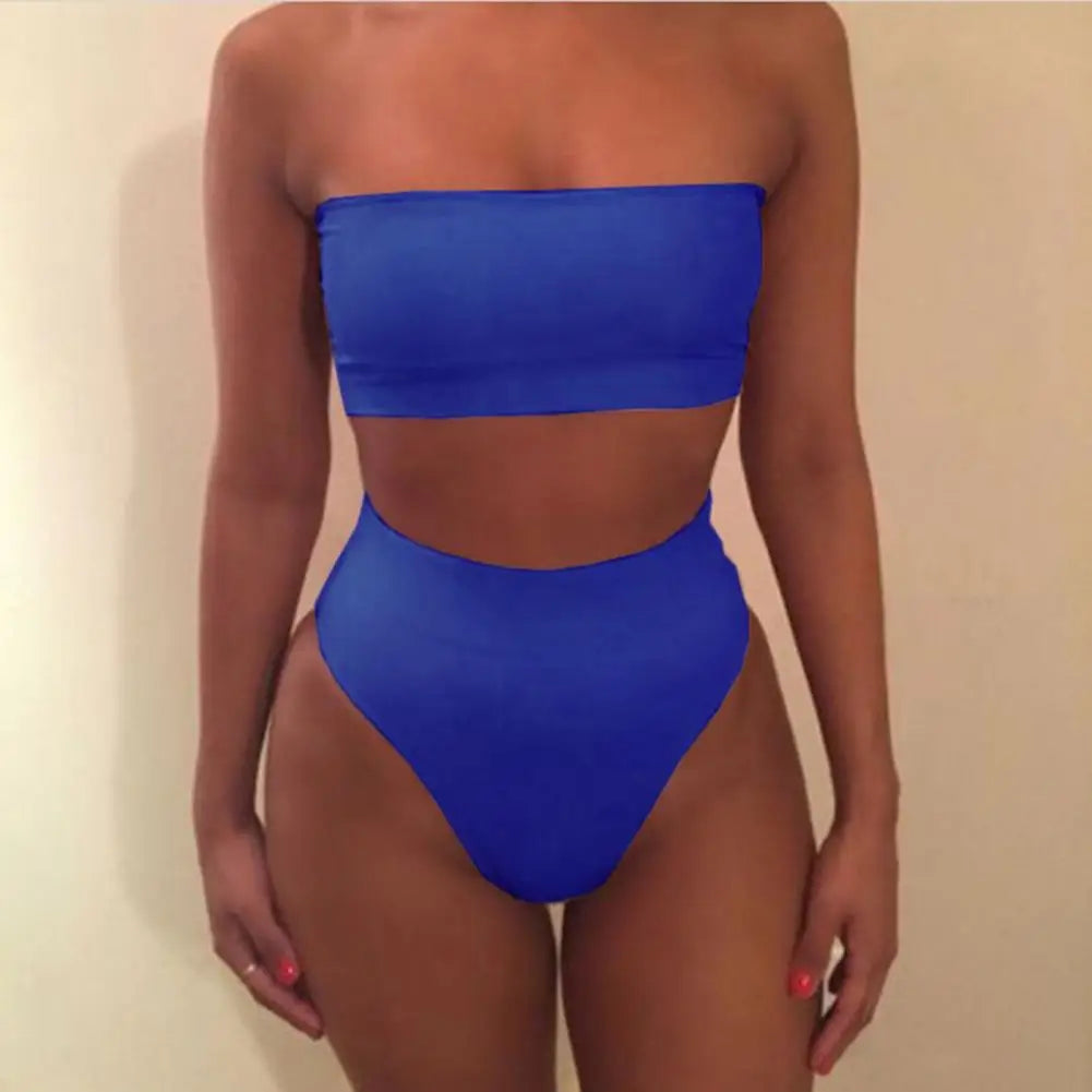 IMIEMIE 2 Pcs/Set Women Bikini Set Solid Color Elastic High Waist Strapless Lady Swimsuit Summer Sleeveelss Bathing Suit for Swimming