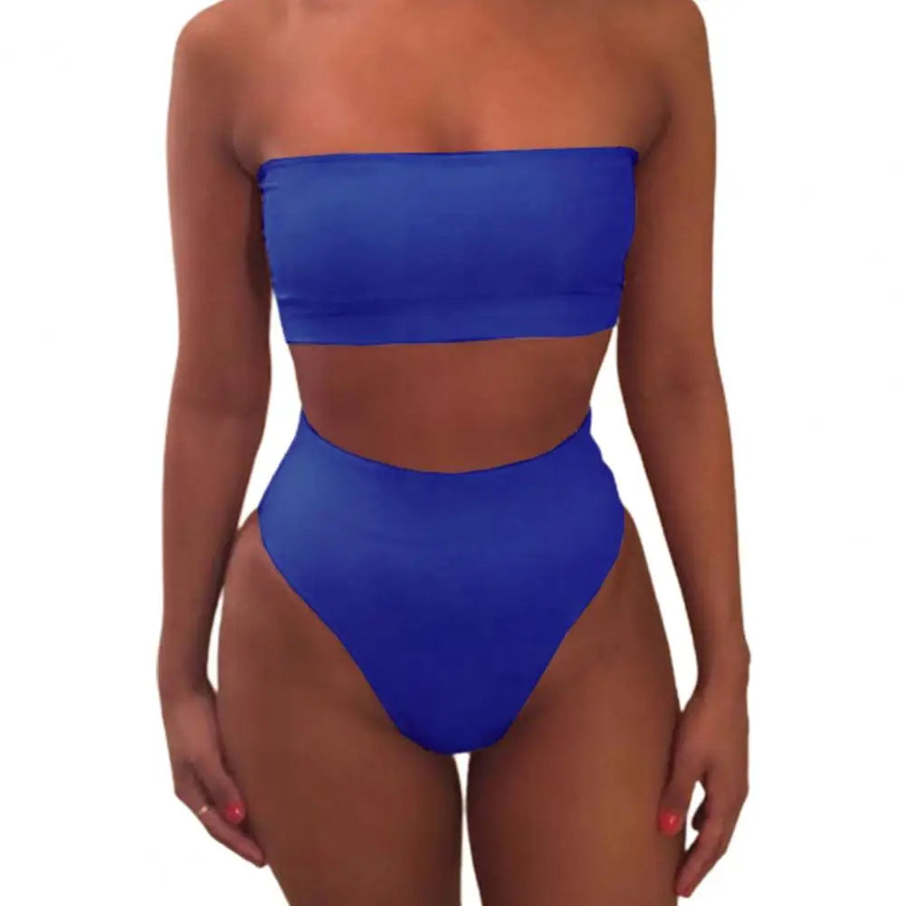 IMIEMIE 2 Pcs/Set Women Bikini Set Solid Color Elastic High Waist Strapless Lady Swimsuit Summer Sleeveelss Bathing Suit for Swimming