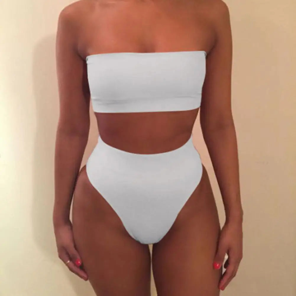 IMIEMIE 2 Pcs/Set Women Bikini Set Solid Color Elastic High Waist Strapless Lady Swimsuit Summer Sleeveelss Bathing Suit for Swimming