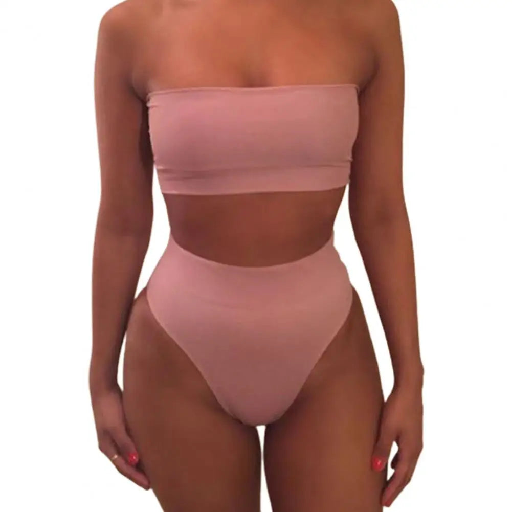 IMIEMIE 2 Pcs/Set Women Bikini Set Solid Color Elastic High Waist Strapless Lady Swimsuit Summer Sleeveelss Bathing Suit for Swimming