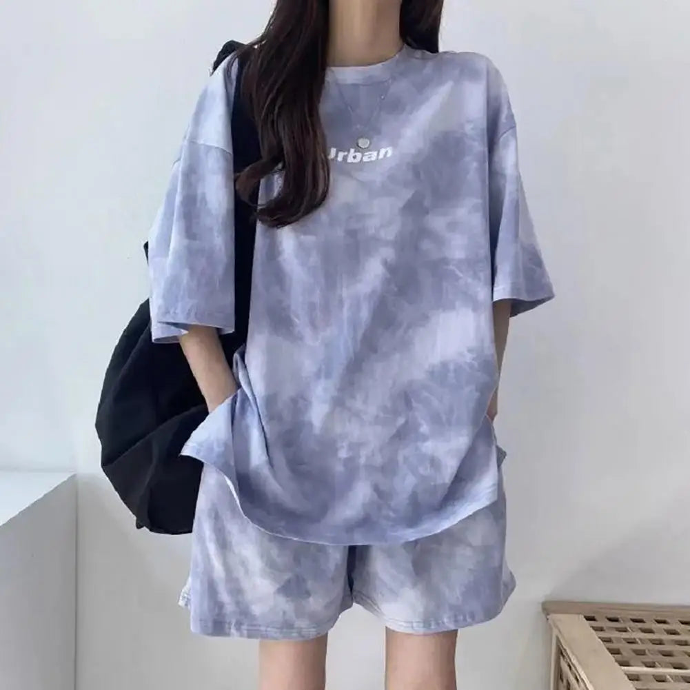 IMIEMIE 2 Pcs/Set Women T-shirt Shorts Set Tie-dye Sleeves Mid Length Top Shorts Suit Elastic Waist Mini Loose Female Outfit Daily Wear