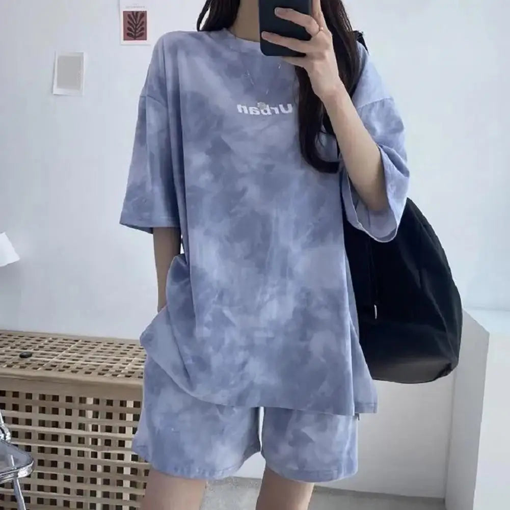 IMIEMIE 2 Pcs/Set Women T-shirt Shorts Set Tie-dye Sleeves Mid Length Top Shorts Suit Elastic Waist Mini Loose Female Outfit Daily Wear