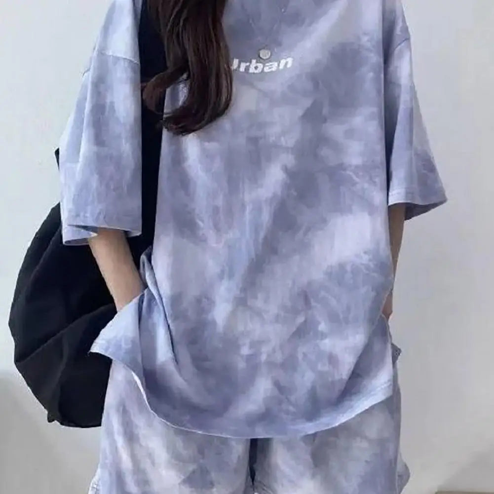 IMIEMIE 2 Pcs/Set Women T-shirt Shorts Set Tie-dye Sleeves Mid Length Top Shorts Suit Elastic Waist Mini Loose Female Outfit Daily Wear