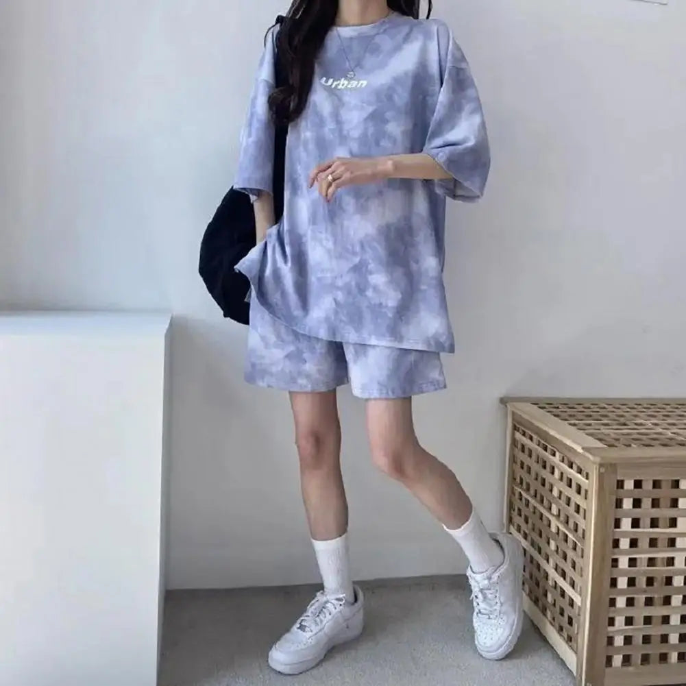 IMIEMIE 2 Pcs/Set Women T-shirt Shorts Set Tie-dye Sleeves Mid Length Top Shorts Suit Elastic Waist Mini Loose Female Outfit Daily Wear