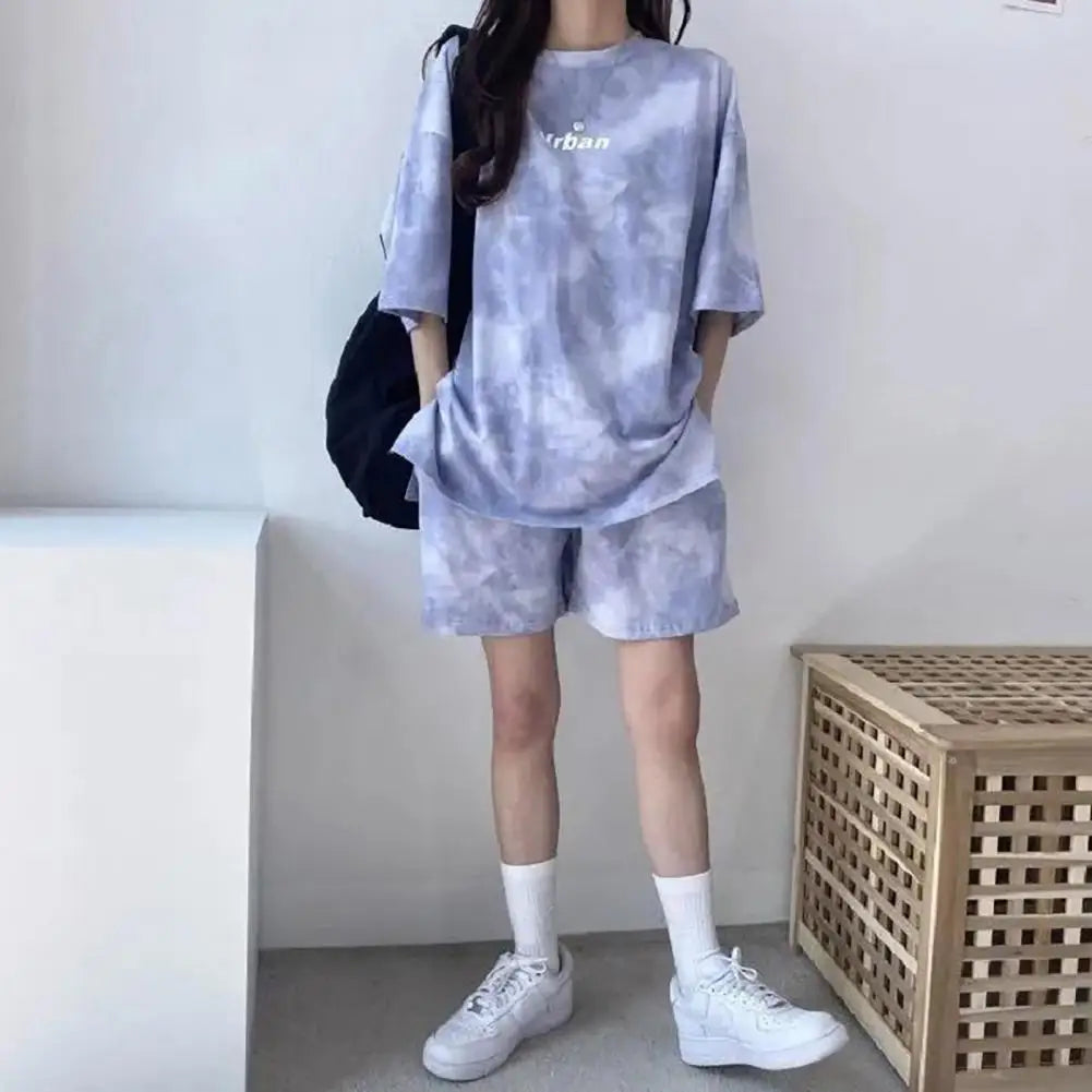 IMIEMIE 2 Pcs/Set Women T-shirt Shorts Set Tie-dye Sleeves Mid Length Top Shorts Suit Elastic Waist Mini Loose Female Outfit Daily Wear