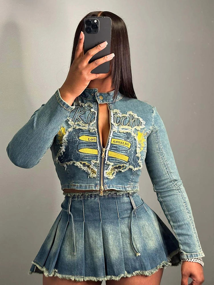 IMIEMIE 2 Piece Denim Sets Womens Outfits Real Denim Long Sleeve Zipper Jacket Hot Sexy Outfit with Skirt Sweet Style Ladies Skirt Suit