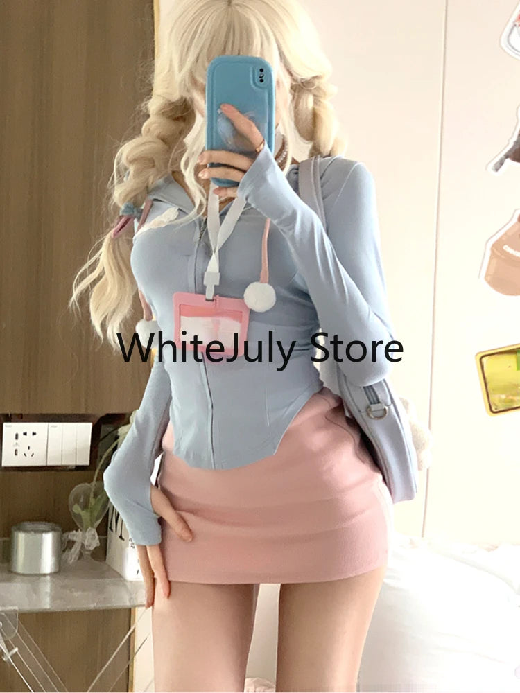 IMIEMIE 2 Piece Skirts Set Women Casual Bodycon Sweatshirts Y2k Crop Tops + Mini Skirts Kawaii Dress Suits Tracksuits Female 2024 Autumn