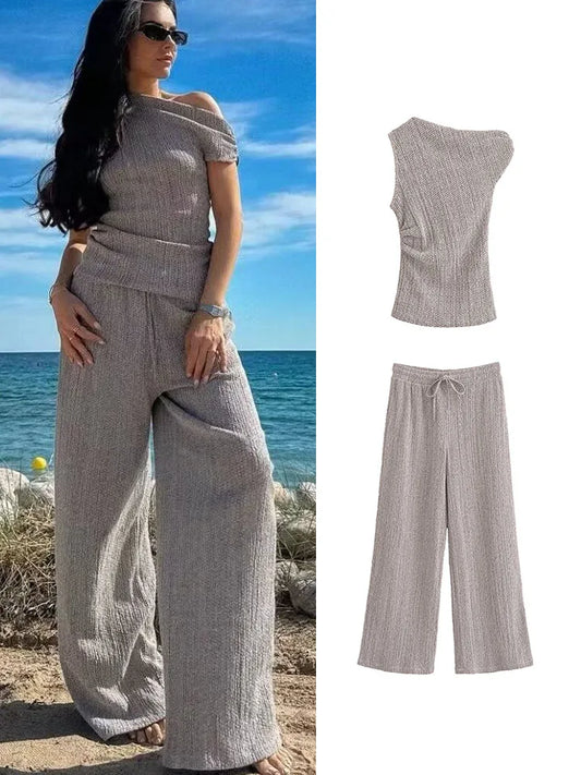 IMIEMIE 2 Piece Vintage Casual Chic Women Solid Suit Asymmetrical Sleeveless Top Lace-up Long Pants New Fashion 2024 Summer Sets