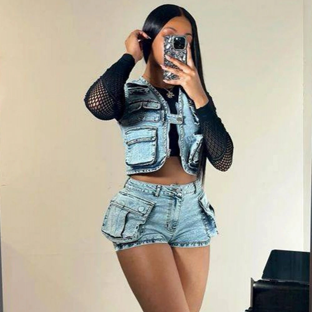 IMIEMIE 2 Pieces Set Sexy 2024 Summer Spring Fashion Women Set Solid Color Sleeveless Denim Jeans  And Shorts Suit Matching Sets Outfit