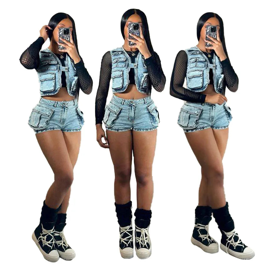 IMIEMIE 2 Pieces Set Sexy 2024 Summer Spring Fashion Women Set Solid Color Sleeveless Denim Jeans  And Shorts Suit Matching Sets Outfit