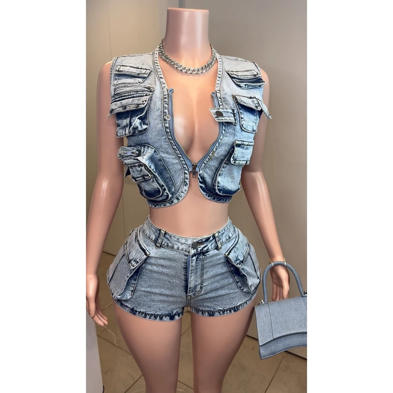 IMIEMIE 2 Pieces Set Sexy 2024 Summer Spring Fashion Women Set Solid Color Sleeveless Denim Jeans  And Shorts Suit Matching Sets Outfit