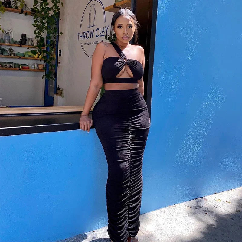 IMIEMIE 2024 Cropped Top And Long Skirt Two Piece Sets Bodycon Cut Out Night Club Partywear Co-ord Outfits Tight Women Suit