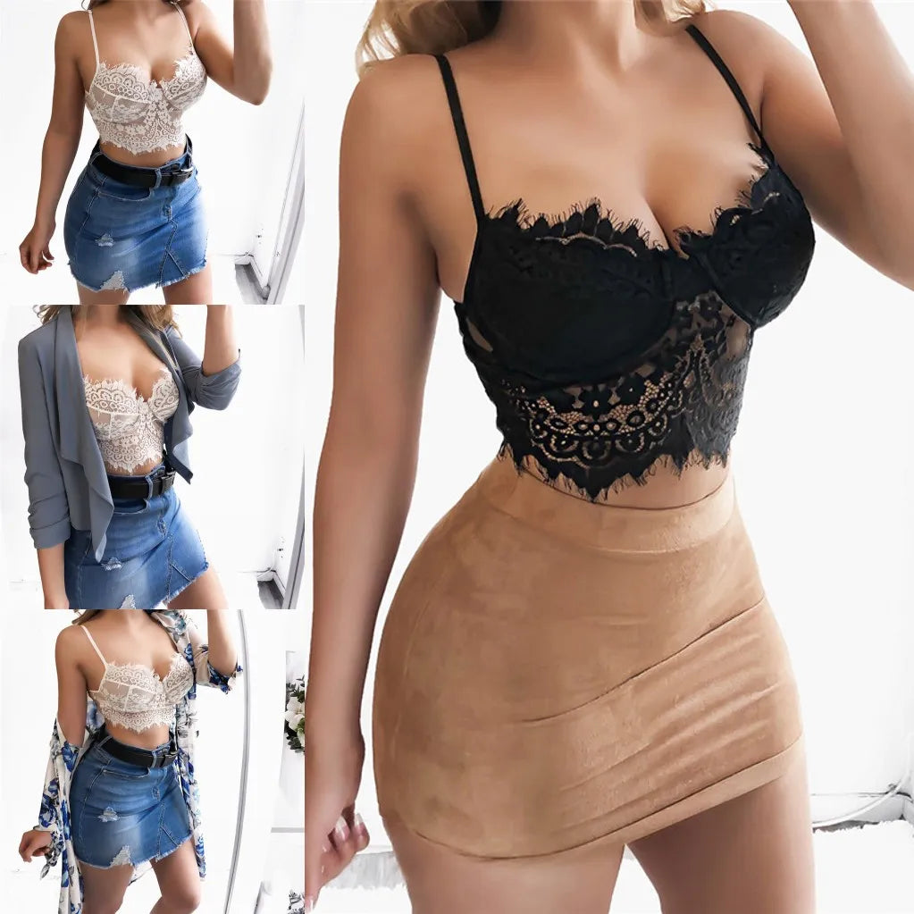 IMIEMIE 2024 New Female Lace Hollow Tanks Camis Bra Underwear Bikini Top Underwear Bralett Lace Strap Wrapped Chest Shirt Top For Women