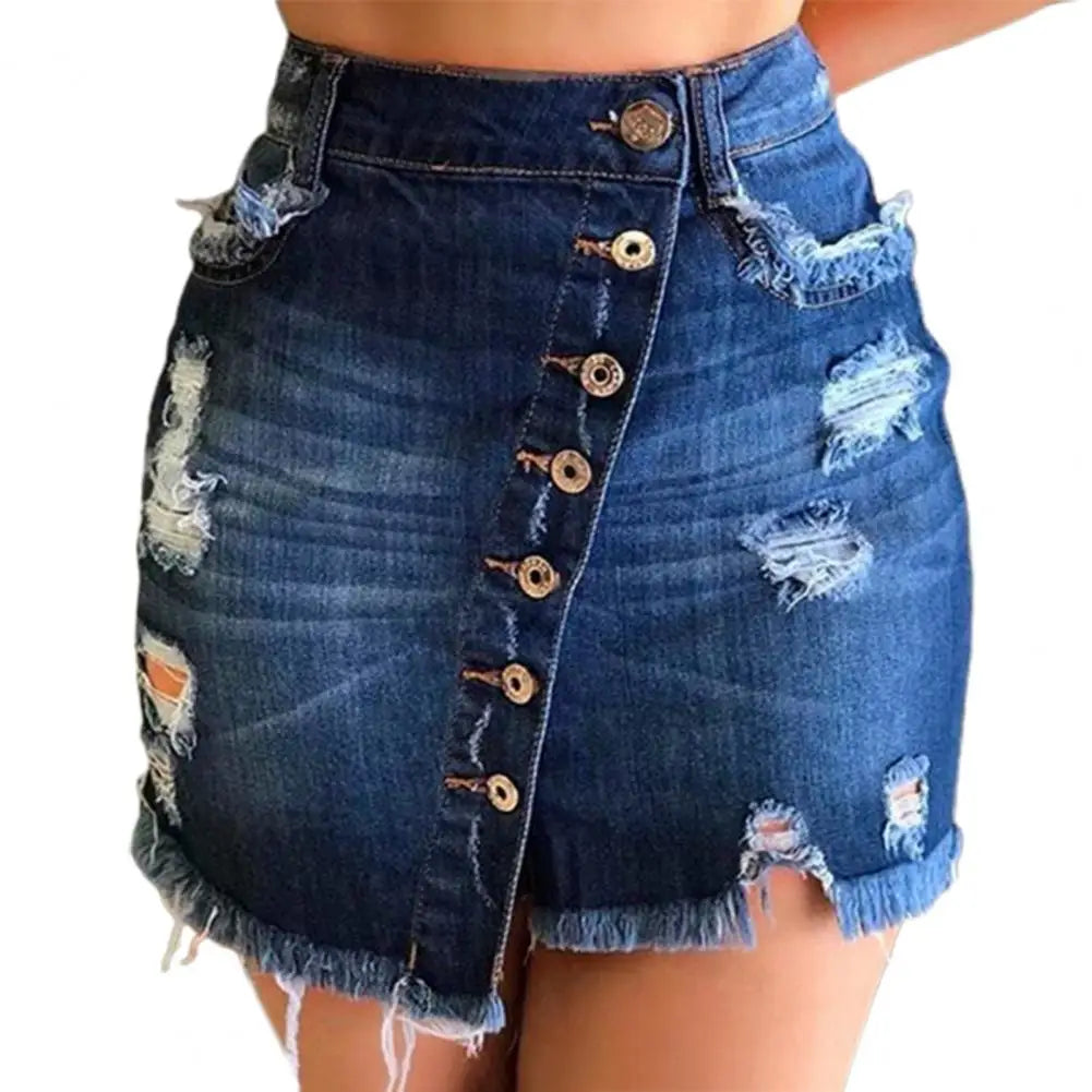 IMIEMIE 2024 New Women Short Denim Skirt High Waist Ripped Holes Denim Multi Breasted Irregular Tassel Denim Black Blue Skirt Streetwear