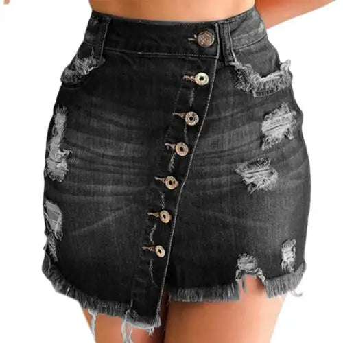 IMIEMIE 2024 New Women Short Denim Skirt High Waist Ripped Holes Denim Multi Breasted Irregular Tassel Denim Black Blue Skirt Streetwear