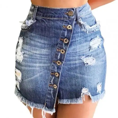 IMIEMIE 2024 New Women Short Denim Skirt High Waist Ripped Holes Denim Multi Breasted Irregular Tassel Denim Black Blue Skirt Streetwear