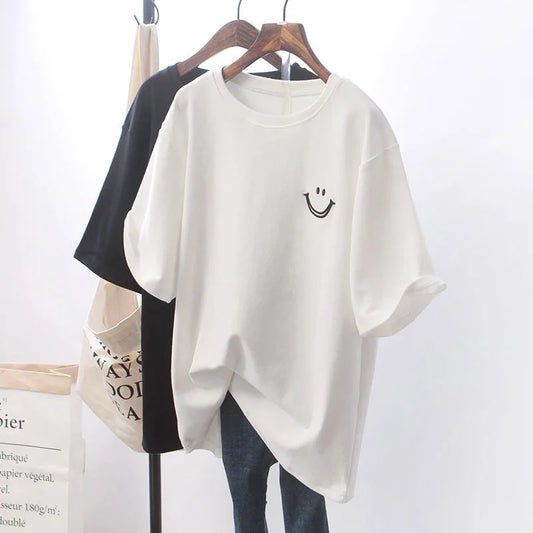 IMIEMIE 2024 Korean Batwing Short Sleeve Loose T-shirts Casual Women Floral Print Happy Face Black White All Match Trend Tee Top