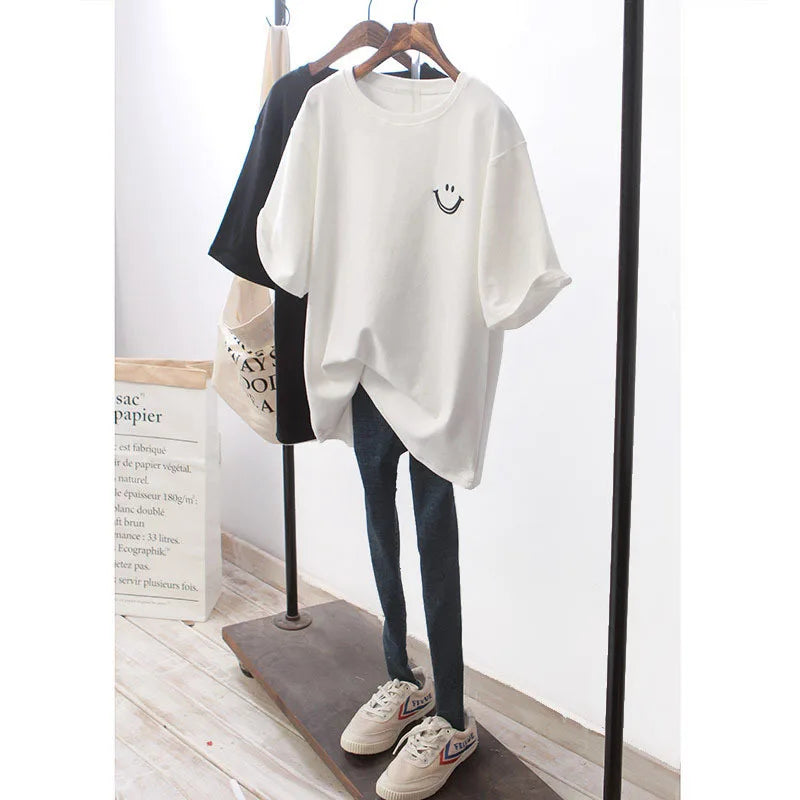 IMIEMIE 2024 Korean Batwing Short Sleeve Loose T-shirts Casual Women Floral Print Happy Face Black White All Match Trend Tee Top