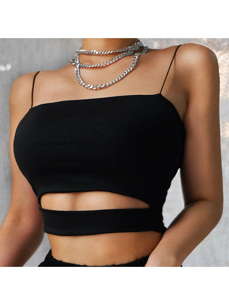 IMIEMIE 2024 New Fashion Hot Sexy Women Summer Sexy Casual Sleeveless Cut-Out Short Tee Shirt Crop Top Vest Strap Tank Top Blouse