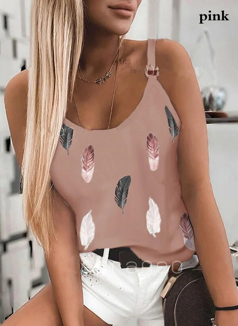 IMIEMIE 2024 Summer Women Wear New Pattern Fashion T-Shirt Summer Casual Feather Print Sleeveless Tank Tops Camisole Coat