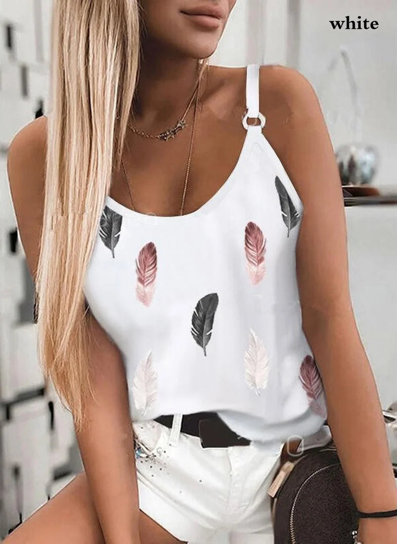 IMIEMIE 2024 Summer Women Wear New Pattern Fashion T-Shirt Summer Casual Feather Print Sleeveless Tank Tops Camisole Coat