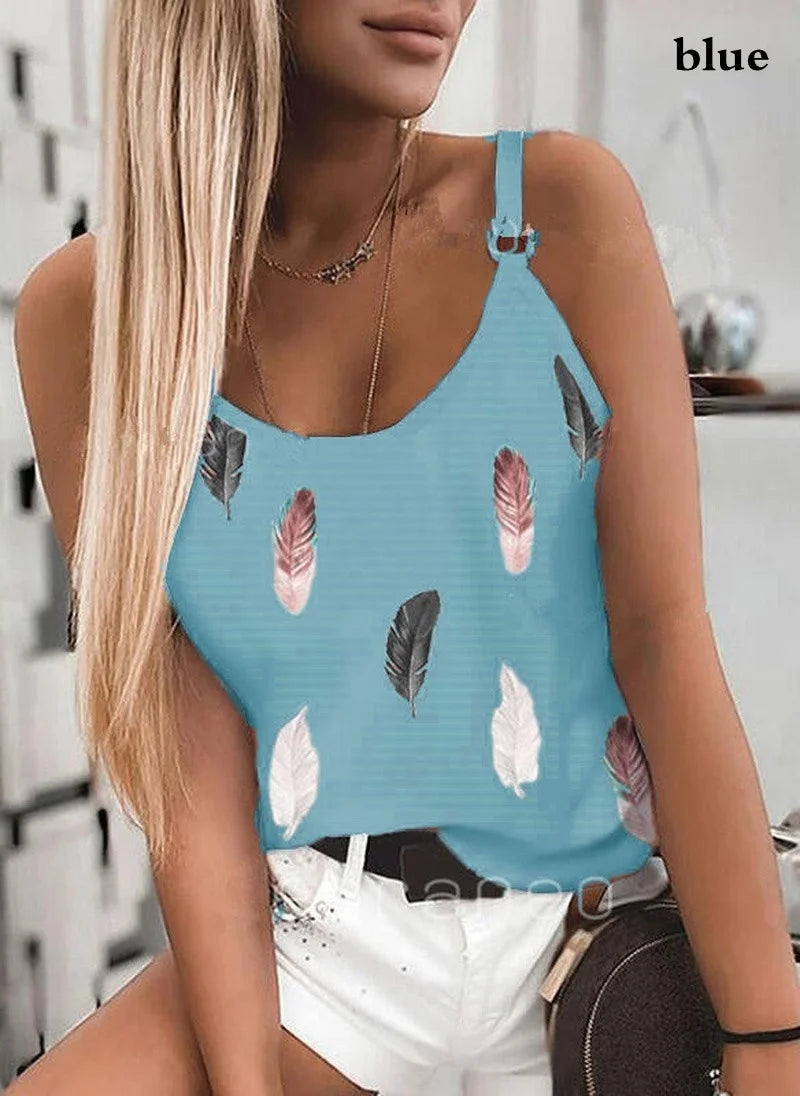 IMIEMIE 2024 Summer Women Wear New Pattern Fashion T-Shirt Summer Casual Feather Print Sleeveless Tank Tops Camisole Coat