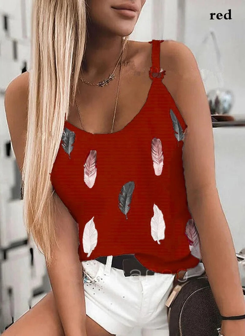 IMIEMIE 2024 Summer Women Wear New Pattern Fashion T-Shirt Summer Casual Feather Print Sleeveless Tank Tops Camisole Coat