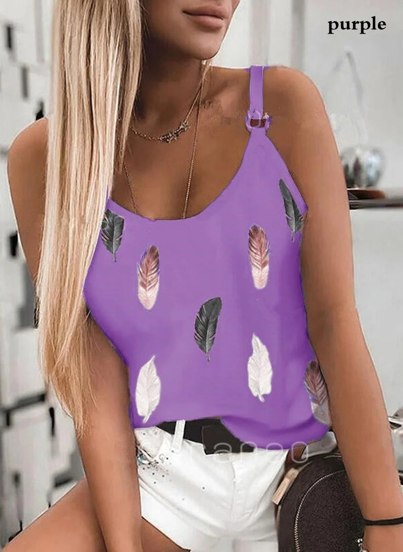 IMIEMIE 2024 Summer Women Wear New Pattern Fashion T-Shirt Summer Casual Feather Print Sleeveless Tank Tops Camisole Coat