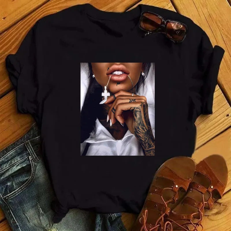 IMIEMIE 2024 Women T Shirt Print Tee Shirt O-Neck Tops Tees Summer Style Female T-Shirt Fashion Ladies Funny T-shirts Black Punk Tees