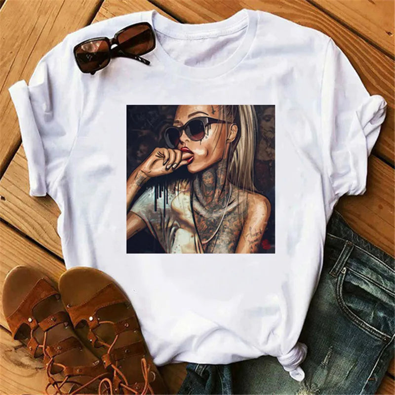 IMIEMIE 2024 Women T Shirt Print Tee Shirt O-Neck Tops Tees Summer Style Female T-Shirt Fashion Ladies Funny T-shirts Black Punk Tees