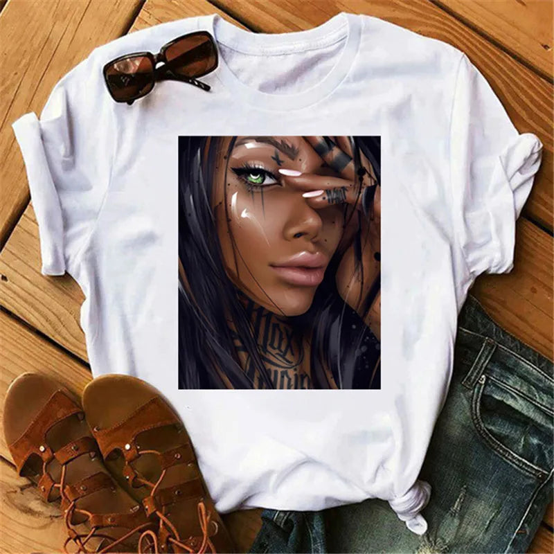 IMIEMIE 2024 Women T Shirt Print Tee Shirt O-Neck Tops Tees Summer Style Female T-Shirt Fashion Ladies Funny T-shirts Black Punk Tees