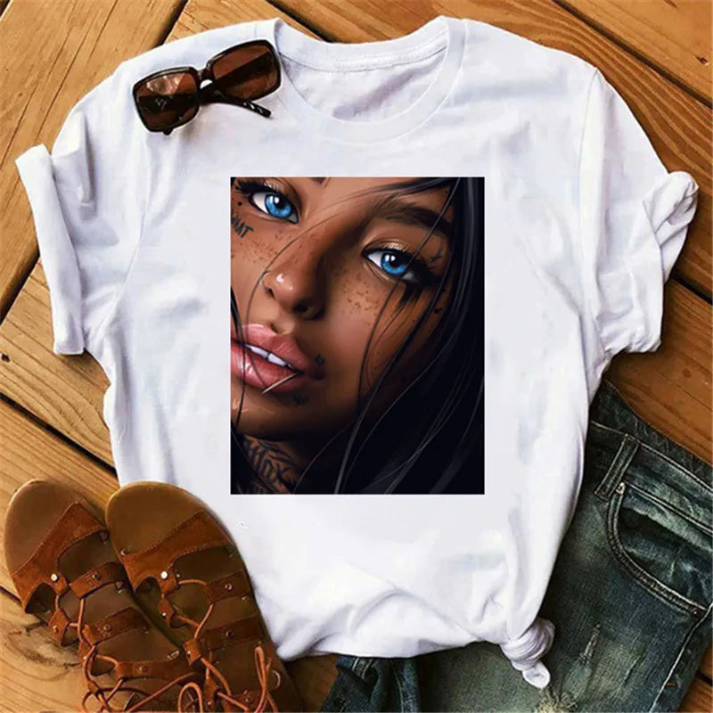 IMIEMIE 2024 Women T Shirt Print Tee Shirt O-Neck Tops Tees Summer Style Female T-Shirt Fashion Ladies Funny T-shirts Black Punk Tees