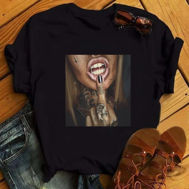 IMIEMIE 2024 Women T Shirt Print Tee Shirt O-Neck Tops Tees Summer Style Female T-Shirt Fashion Ladies Funny T-shirts Black Punk Tees