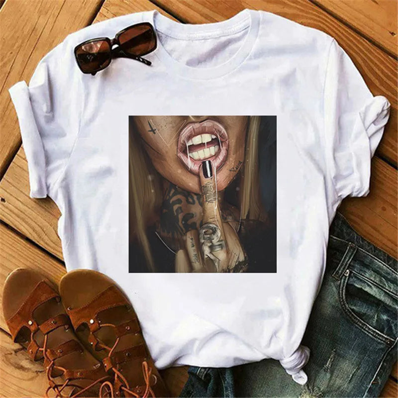 IMIEMIE 2024 Women T Shirt Print Tee Shirt O-Neck Tops Tees Summer Style Female T-Shirt Fashion Ladies Funny T-shirts Black Punk Tees