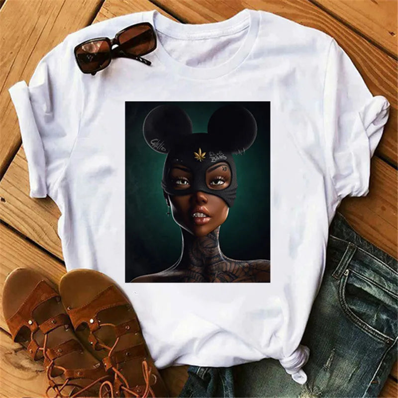 IMIEMIE 2024 Women T Shirt Print Tee Shirt O-Neck Tops Tees Summer Style Female T-Shirt Fashion Ladies Funny T-shirts Black Punk Tees