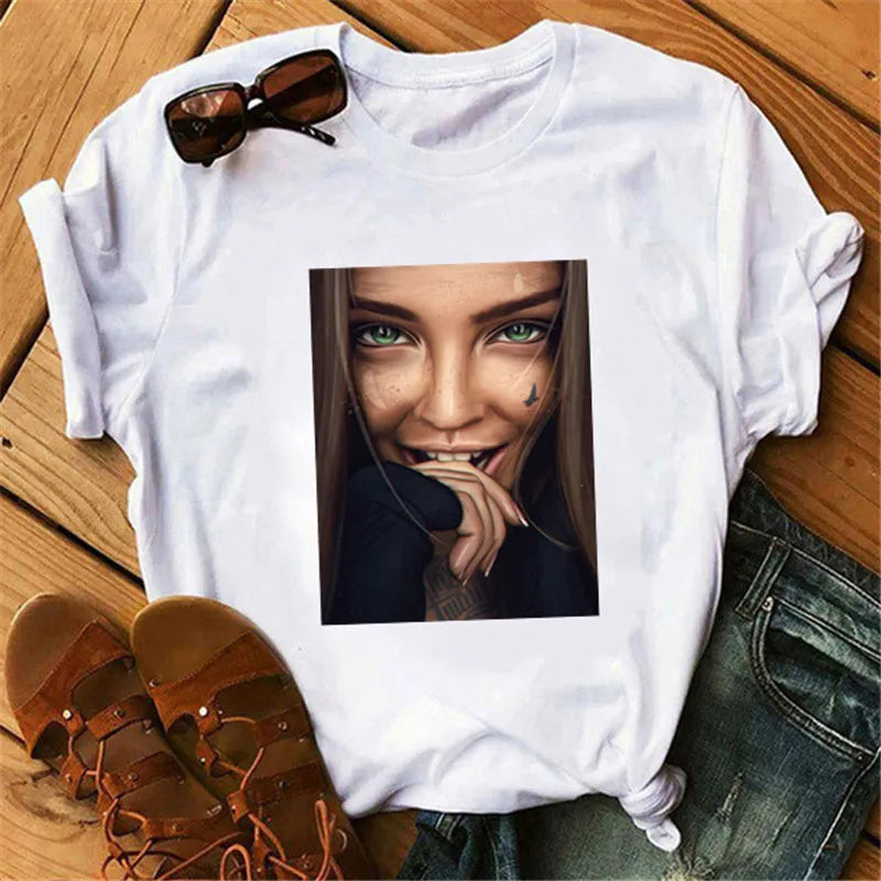 IMIEMIE 2024 Women T Shirt Print Tee Shirt O-Neck Tops Tees Summer Style Female T-Shirt Fashion Ladies Funny T-shirts Black Punk Tees