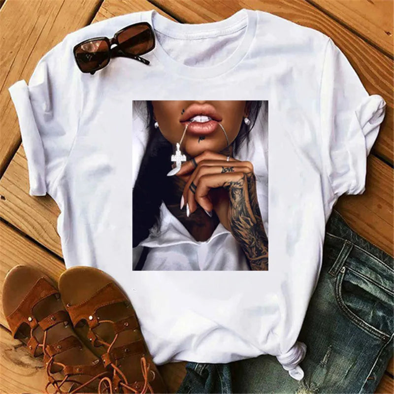 IMIEMIE 2024 Women T Shirt Print Tee Shirt O-Neck Tops Tees Summer Style Female T-Shirt Fashion Ladies Funny T-shirts Black Punk Tees