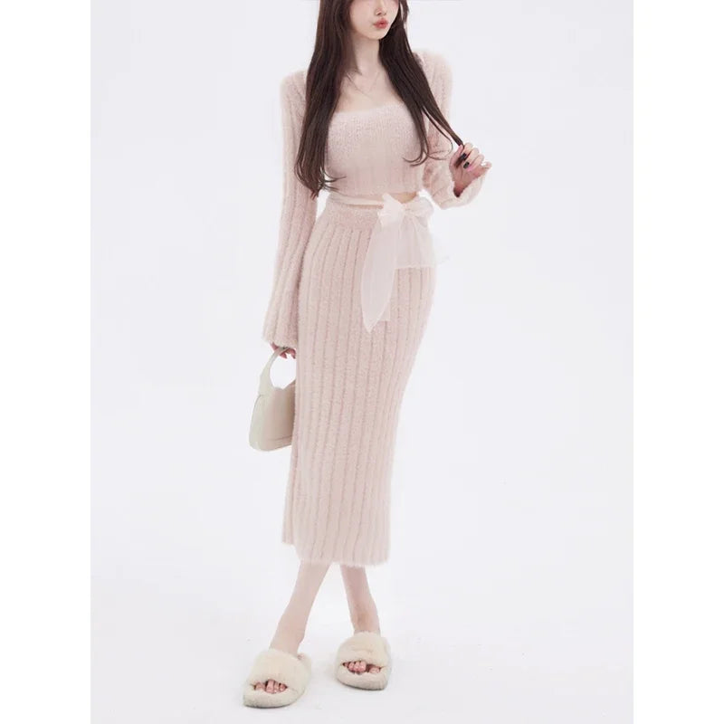 IMIEMIE 2024 Autumn Knitted Sweater Suits Female Elegant 2 Piece Skirts Korean Fashion Even Party Y2k Crop Tops Japanese Kawaii Clothing