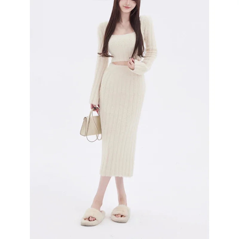 IMIEMIE 2024 Autumn Knitted Sweater Suits Female Elegant 2 Piece Skirts Korean Fashion Even Party Y2k Crop Tops Japanese Kawaii Clothing