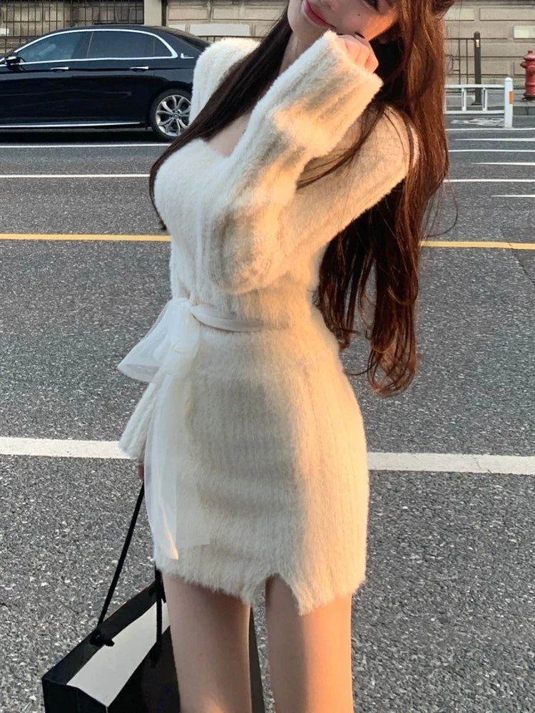 IMIEMIE 2024 Autumn Knitted Sweater Suits Female Elegant 2 Piece Skirts Korean Fashion Even Party Y2k Crop Tops Japanese Kawaii Clothing