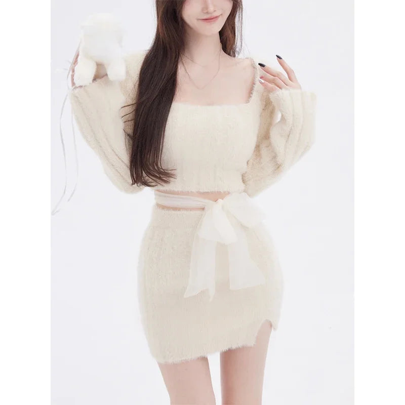 IMIEMIE 2024 Autumn Knitted Sweater Suits Female Elegant 2 Piece Skirts Korean Fashion Even Party Y2k Crop Tops Japanese Kawaii Clothing