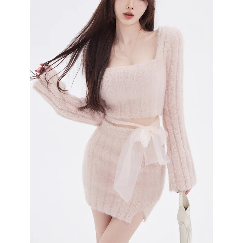 IMIEMIE 2024 Autumn Knitted Sweater Suits Female Elegant 2 Piece Skirts Korean Fashion Even Party Y2k Crop Tops Japanese Kawaii Clothing