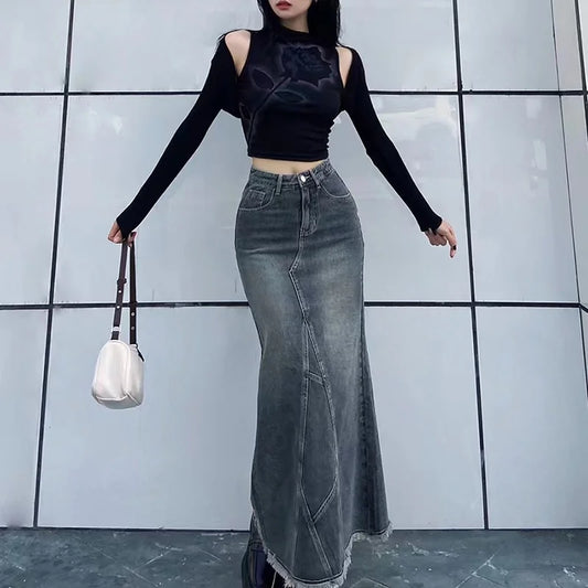 IMIEMIE 2024 Autumn Retro Classic All-Match Skirt Women Casual Commuter Outing Tight Sexy Irregular Long Denim Vitality Skirt Girl Cool