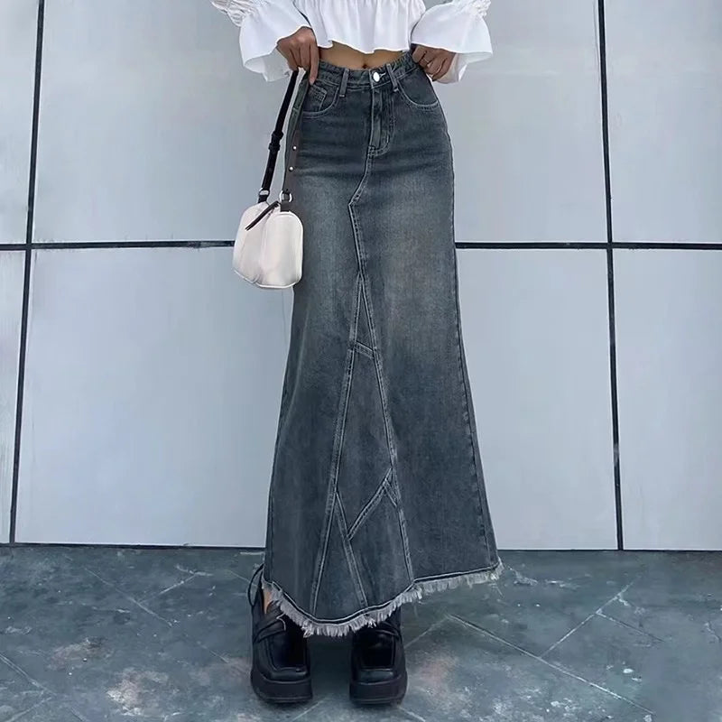 IMIEMIE 2024 Autumn Retro Classic All-Match Skirt Women Casual Commuter Outing Tight Sexy Irregular Long Denim Vitality Skirt Girl Cool