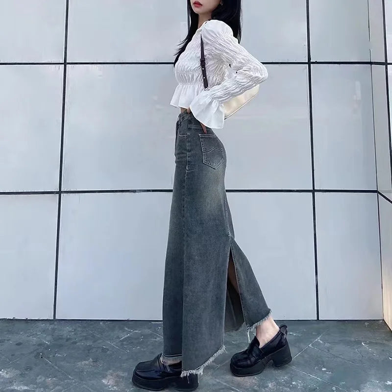 IMIEMIE 2024 Autumn Retro Classic All-Match Skirt Women Casual Commuter Outing Tight Sexy Irregular Long Denim Vitality Skirt Girl Cool