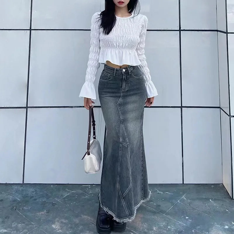 IMIEMIE 2024 Autumn Retro Classic All-Match Skirt Women Casual Commuter Outing Tight Sexy Irregular Long Denim Vitality Skirt Girl Cool